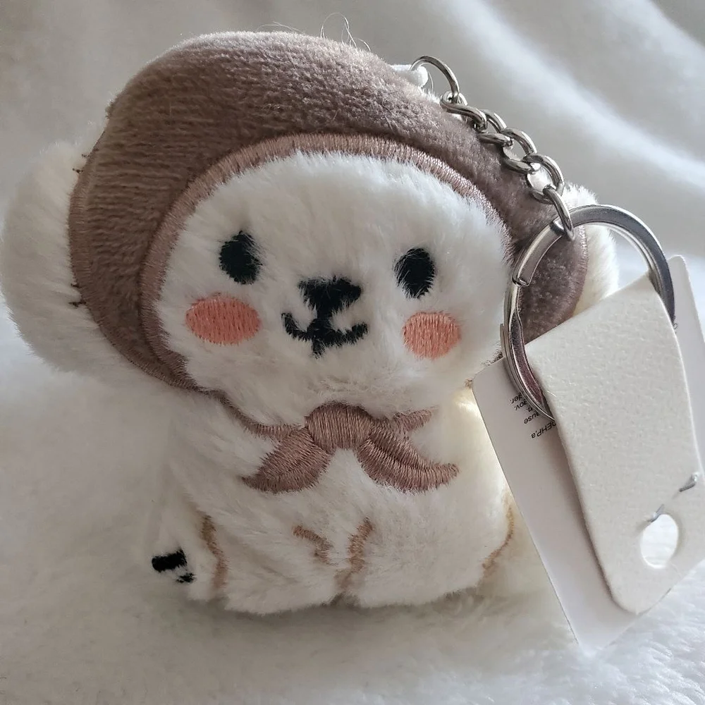 Stuffed Animal White Brown Puppy Keychain or Bag charm